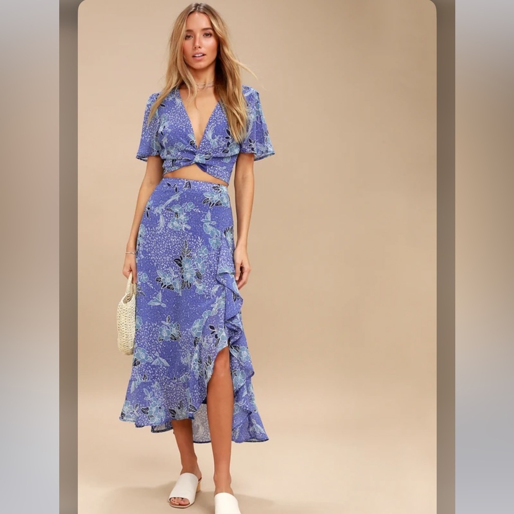 Periwinkle Blue Floral Print 2 Piece Maxi Dress